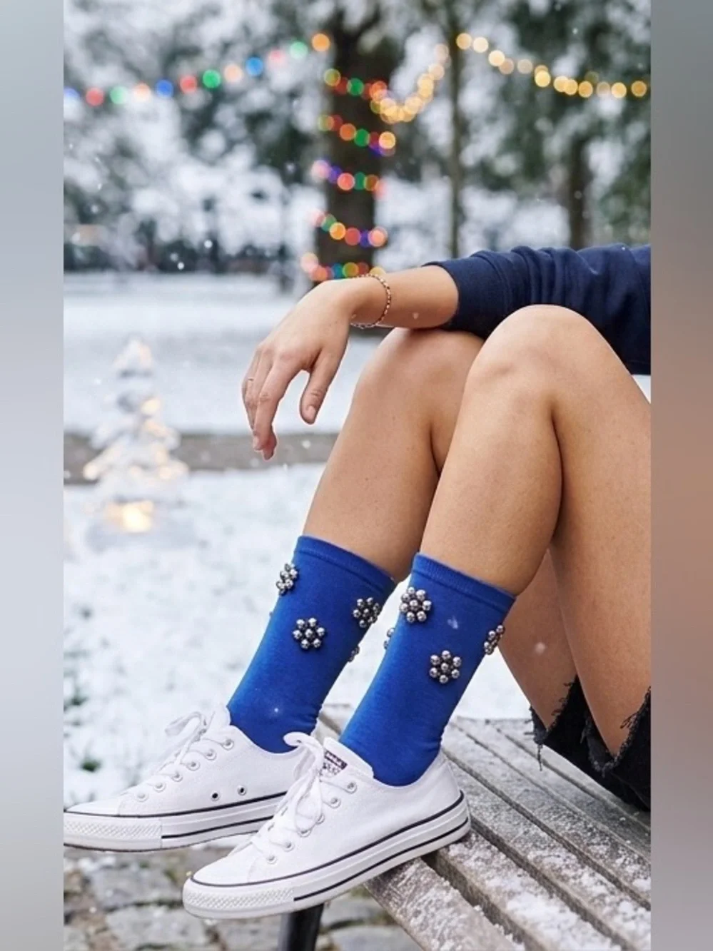 Christmas blue stainless steel snowflakes socks, adult size, artisan made